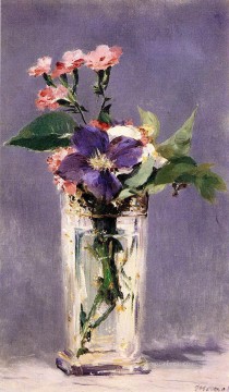 Rosas y clemátides en un jarrón de cristal Eduard Manet Pinturas al óleo